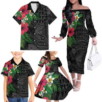 Hawaiian Tropical Plants Family Matching Off The Shoulder Long Sleeve Dress and Hawaiian Shirt Kakau Tattoo and Polynesian Pattern Half Black Color
