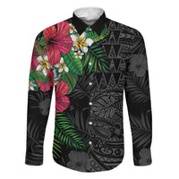 Hawaiian Tropical Plants Family Matching Puletasi and Hawaiian Shirt Kakau Tattoo and Polynesian Pattern Half Black Color