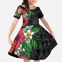 Hawaiian Tropical Plants Family Matching Short Sleeve Bodycon Dress and Hawaiian Shirt Kakau Tattoo and Polynesian Pattern Half Black Color