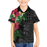 Hawaiian Tropical Plants Kid Hawaiian Shirt Kakau Tattoo and Polynesian Pattern Half Black Color LT03 Kid Black - Polynesian Pride
