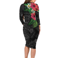Hawaiian Tropical Plants Long Sleeve Bodycon Dress Kakau Tattoo and Polynesian Pattern Half Black Color
