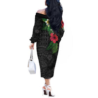 Hawaiian Tropical Plants Off The Shoulder Long Sleeve Dress Kakau Tattoo and Polynesian Pattern Half Black Color LT03 - Polynesian Pride