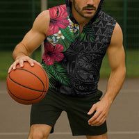 Hawaiian Tropical Plants Sleeveless Zip Hoodie Kakau Tattoo and Polynesian Pattern Half Black Color LT03 - Polynesian Pride