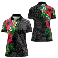 Hawaiian Tropical Plants Women Polo Shirt Kakau Tattoo and Polynesian Pattern Half Black Color LT03 - Polynesian Pride