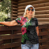Hawaiian Tropical Plants Women Polo Shirt Kakau Tattoo and Polynesian Pattern Half Black Color LT03 - Polynesian Pride