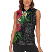 Hawaiian Tropical Plants Women Sleeveless Polo Shirt Kakau Tattoo and Polynesian Pattern Half Black Color