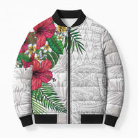 Hawaiian Tropical Plants Bomber Puffer Jacket Kakau Tattoo and Polynesian Pattern Half White Color LT03 Unisex White - Polynesian Pride