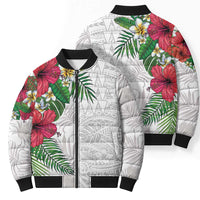 Hawaiian Tropical Plants Bomber Puffer Jacket Kakau Tattoo and Polynesian Pattern Half White Color LT03 - Polynesian Pride