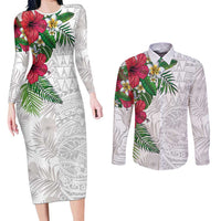 Hawaiian Tropical Plants Couples Matching Long Sleeve Bodycon Dress and Long Sleeve Button Shirt Kakau Tattoo and Polynesian Pattern Half White Color LT03 White - Polynesian Pride