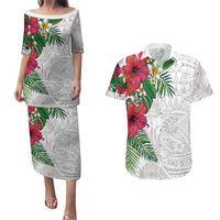 Hawaiian Tropical Plants Couples Matching Puletasi and Hawaiian Shirt Kakau Tattoo and Polynesian Pattern Half White Color