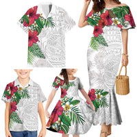 Hawaiian Tropical Plants Family Matching Mermaid Dress and Hawaiian Shirt Kakau Tattoo and Polynesian Pattern Half White Color
