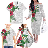 Hawaiian Tropical Plants Family Matching Off The Shoulder Long Sleeve Dress and Hawaiian Shirt Kakau Tattoo and Polynesian Pattern Half White Color