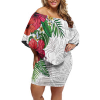 Hawaiian Tropical Plants Family Matching Off Shoulder Short Dress and Hawaiian Shirt Kakau Tattoo and Polynesian Pattern Half White Color