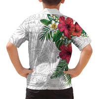 Hawaiian Tropical Plants Family Matching Short Sleeve Bodycon Dress and Hawaiian Shirt Kakau Tattoo and Polynesian Pattern Half White Color