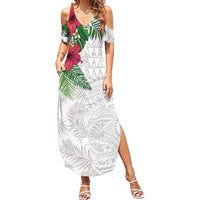 Hawaiian Tropical Plants Family Matching Summer Maxi Dress and Hawaiian Shirt Kakau Tattoo and Polynesian Pattern Half White Color