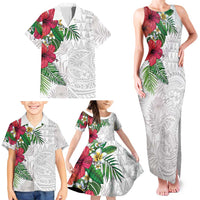 Hawaiian Tropical Plants Family Matching Tank Maxi Dress and Hawaiian Shirt Kakau Tattoo and Polynesian Pattern Half White Color