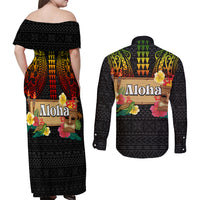 Hawaii Pan-Pacific Festival Couples Matching Off Shoulder Maxi Dress and Long Sleeve Button Shirt Hawaiian Elements and Polynesian Tattoo
