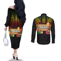 Hawaii Pan-Pacific Festival Couples Matching Off The Shoulder Long Sleeve Dress and Long Sleeve Button Shirt Hawaiian Elements and Polynesian Tattoo