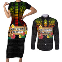 Hawaii Pan-Pacific Festival Couples Matching Short Sleeve Bodycon Dress and Long Sleeve Button Shirt Hawaiian Elements and Polynesian Tattoo