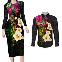 Hawaii Plumeria Couples Matching Long Sleeve Bodycon Dress and Long Sleeve Button Shirt Polynesian Tattoo and Hibiscus