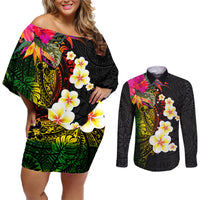 Hawaii Plumeria Couples Matching Off Shoulder Short Dress and Long Sleeve Button Shirt Polynesian Tattoo and Hibiscus LT03 Black - Polynesian Pride