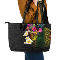 Hawaii Plumeria Leather Tote Bag Polynesian Tattoo and Hibiscus