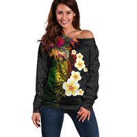 Hawaii Plumeria Off Shoulder Sweater Polynesian Tattoo and Hibiscus LT03 Women Black - Polynesian Pride