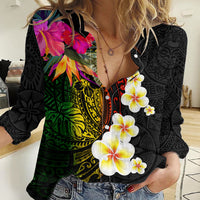 Hawaii Plumeria Women Casual Shirt Polynesian Tattoo and Hibiscus LT03 Female Black - Polynesian Pride