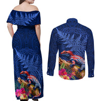 New Zealand Tuatara Couples Matching Off Shoulder Maxi Dress and Long Sleeve Button Shirt Silver Fern Hibiscus and Tribal Maori Pattern Blue Color
