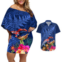 New Zealand Tuatara Couples Matching Off Shoulder Short Dress and Hawaiian Shirt Silver Fern Hibiscus and Tribal Maori Pattern Blue Color LT03 Blue - Polynesian Pride