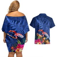 New Zealand Tuatara Couples Matching Off Shoulder Short Dress and Hawaiian Shirt Silver Fern Hibiscus and Tribal Maori Pattern Blue Color LT03 - Polynesian Pride