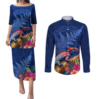 New Zealand Tuatara Couples Matching Puletasi and Long Sleeve Button Shirt Silver Fern Hibiscus and Tribal Maori Pattern Blue Color LT03 Blue - Polynesian Pride