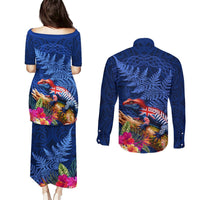 New Zealand Tuatara Couples Matching Puletasi and Long Sleeve Button Shirt Silver Fern Hibiscus and Tribal Maori Pattern Blue Color LT03 - Polynesian Pride