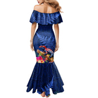 New Zealand Tuatara Mermaid Dress Silver Fern Hibiscus and Tribal Maori Pattern Blue Color LT03 - Polynesian Pride