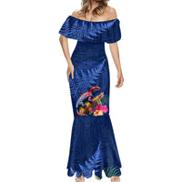 New Zealand Tuatara Mermaid Dress Silver Fern Hibiscus and Tribal Maori Pattern Blue Color LT03 - Polynesian Pride
