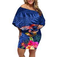 New Zealand Tuatara Off Shoulder Short Dress Silver Fern Hibiscus and Tribal Maori Pattern Blue Color LT03 Women Blue - Polynesian Pride