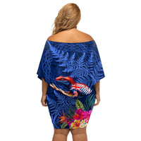 New Zealand Tuatara Off Shoulder Short Dress Silver Fern Hibiscus and Tribal Maori Pattern Blue Color LT03 - Polynesian Pride