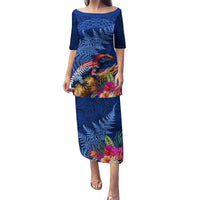 New Zealand Tuatara Puletasi Silver Fern Hibiscus and Tribal Maori Pattern Blue Color LT03 Long Dress Blue - Polynesian Pride