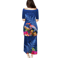 New Zealand Tuatara Puletasi Silver Fern Hibiscus and Tribal Maori Pattern Blue Color LT03 - Polynesian Pride