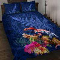 New Zealand Tuatara Quilt Bed Set Silver Fern Hibiscus and Tribal Maori Pattern Blue Color LT03 Blue - Polynesian Pride