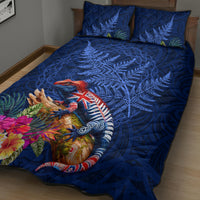 New Zealand Tuatara Quilt Bed Set Silver Fern Hibiscus and Tribal Maori Pattern Blue Color LT03 - Polynesian Pride