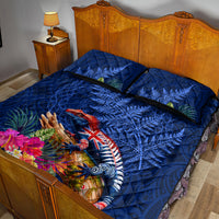 New Zealand Tuatara Quilt Bed Set Silver Fern Hibiscus and Tribal Maori Pattern Blue Color LT03 - Polynesian Pride