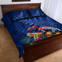 New Zealand Tuatara Quilt Bed Set Silver Fern Hibiscus and Tribal Maori Pattern Blue Color LT03 - Polynesian Pride