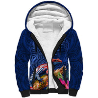 New Zealand Tuatara Sherpa Hoodie Silver Fern Hibiscus and Tribal Maori Pattern Blue Color LT03 Unisex Blue - Polynesian Pride