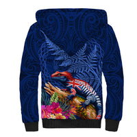 New Zealand Tuatara Sherpa Hoodie Silver Fern Hibiscus and Tribal Maori Pattern Blue Color LT03 - Polynesian Pride