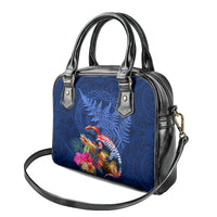 New Zealand Tuatara Shoulder Handbag Silver Fern Hibiscus and Tribal Maori Pattern Blue Color