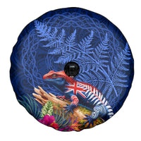 New Zealand Tuatara Spare Tire Cover Silver Fern Hibiscus and Tribal Maori Pattern Blue Color