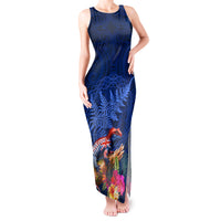 New Zealand Tuatara Tank Maxi Dress Silver Fern Hibiscus and Tribal Maori Pattern Blue Color LT03 Women Blue - Polynesian Pride
