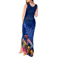 New Zealand Tuatara Tank Maxi Dress Silver Fern Hibiscus and Tribal Maori Pattern Blue Color LT03 - Polynesian Pride