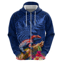 New Zealand Tuatara Zip Hoodie Silver Fern Hibiscus and Tribal Maori Pattern Blue Color